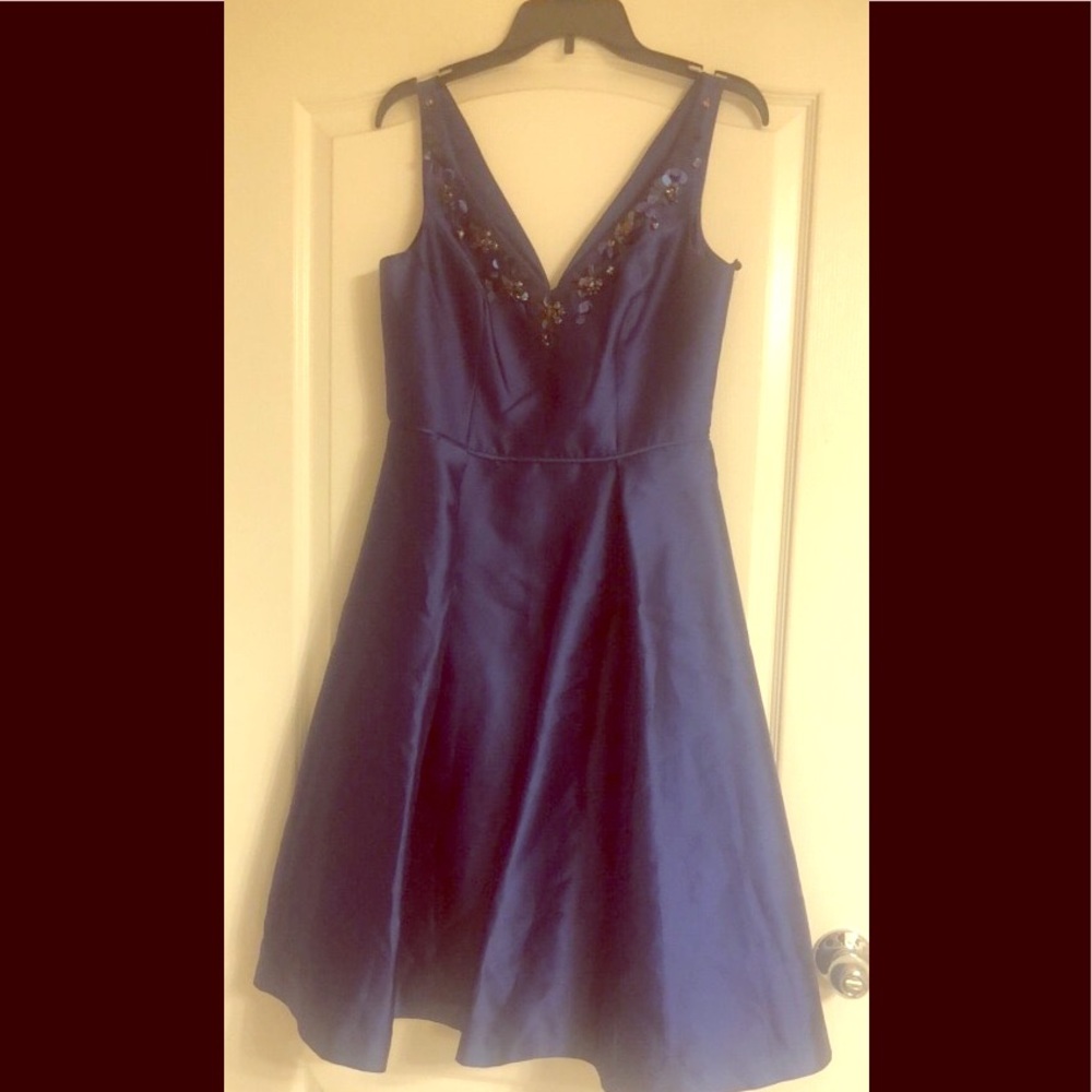 Navy blue fit and flare dress with gold stones